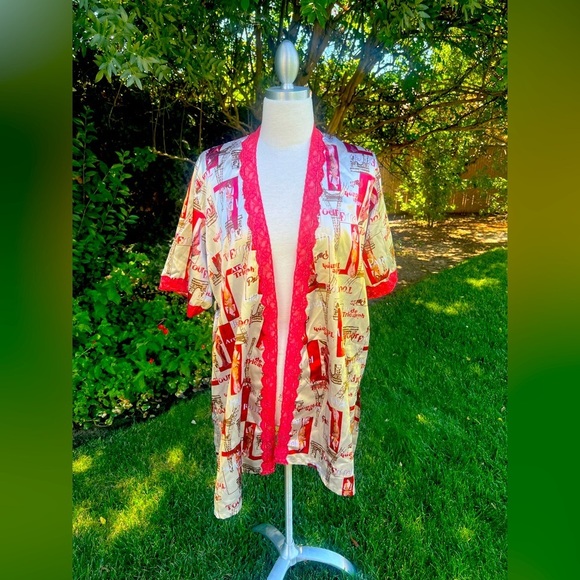 Chic Red and Cream Women's Silk Lace Swim Cover-Up ROBE - Picture 3 of 6